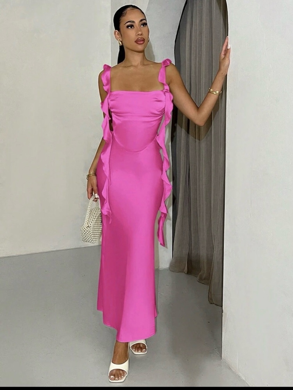 Women's Hot Pink Ruffle Strap Satin Dress